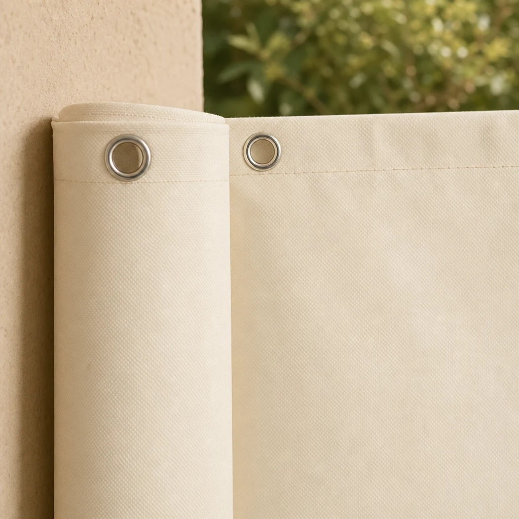 Cream screen fabric, sewn hem and eyelets in close detail