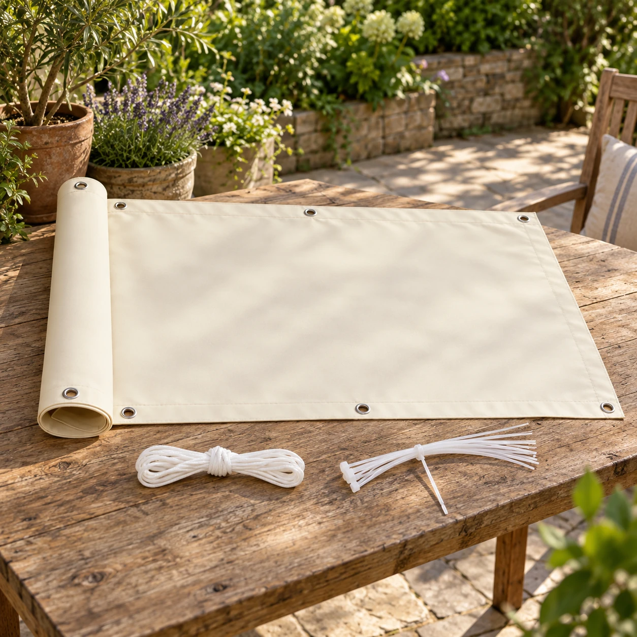 Cream 90 × 300 cm balcony screen with cord and cable ties on a timber table in an established garden