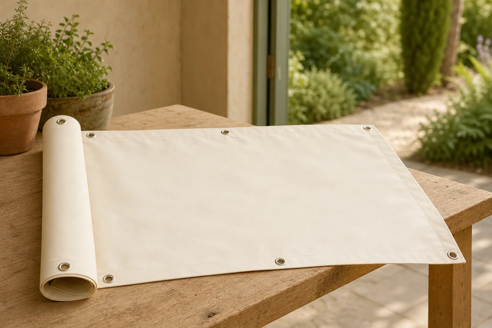 Cream balcony screen partly rolled on a potting bench