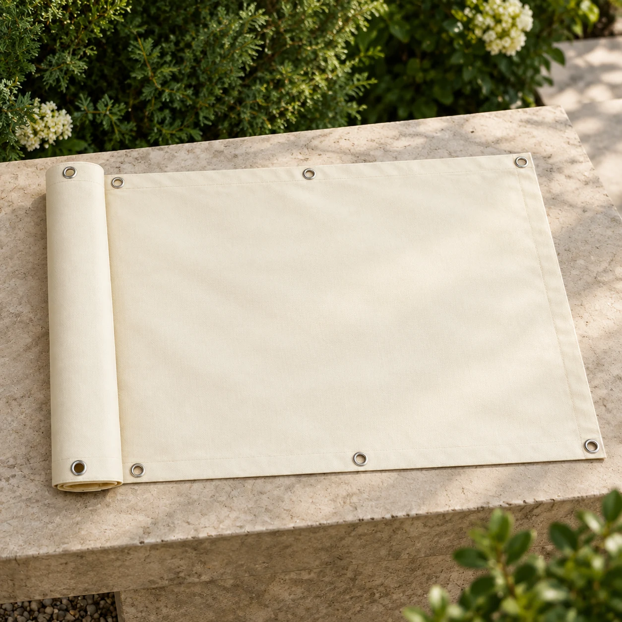 Cream balcony screen partly unrolled, viewed from above