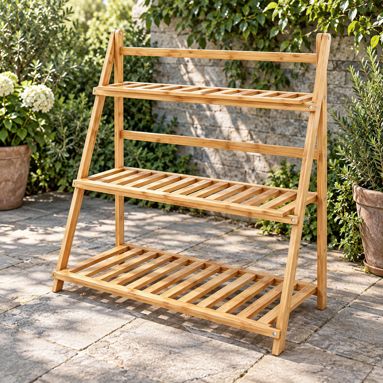 Natural bamboo three-tier plant stand on a real planted stone garden terrace