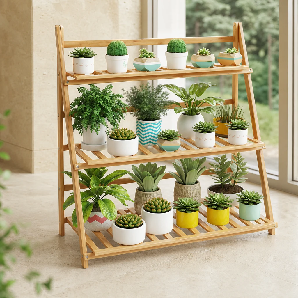 Bamboo plant stand from a side angle; plants and pots are not included