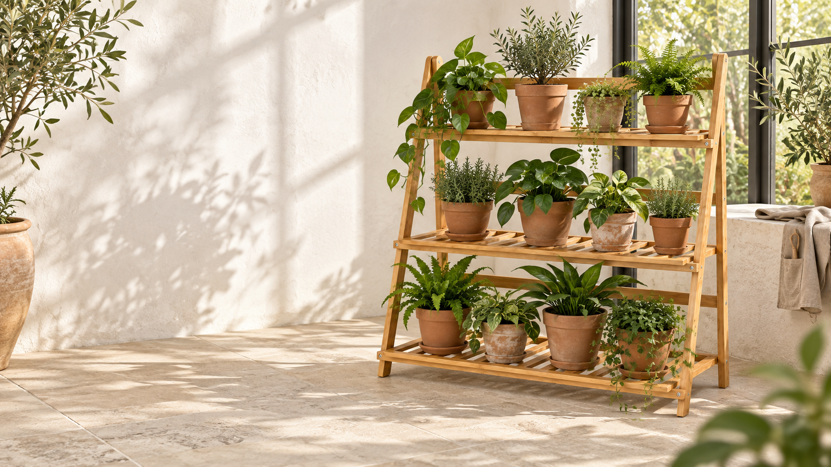 Three-tier bamboo plant stand in a bright conservatory with terracotta pots; pots and plants are not included