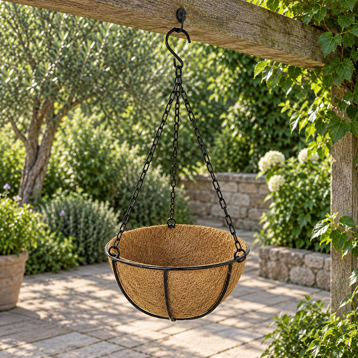 Empty 30 cm coir basket from an alternate garden angle with complete chains and visible support