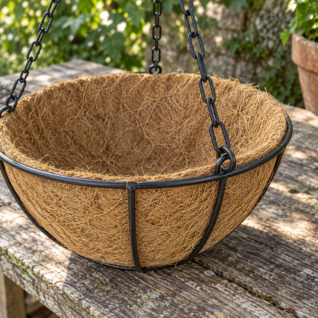 Natural coir liner, black iron rim, rib and chain connection on a garden potting bench