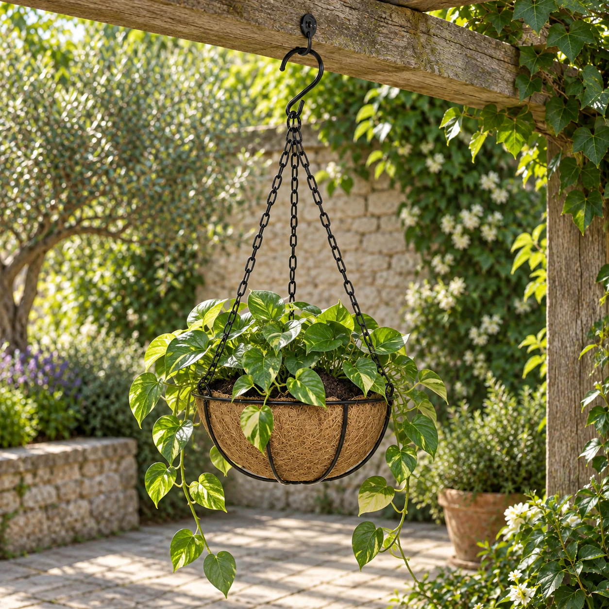 Coir basket planted with a trailing pothos and secured beneath a timber pergola