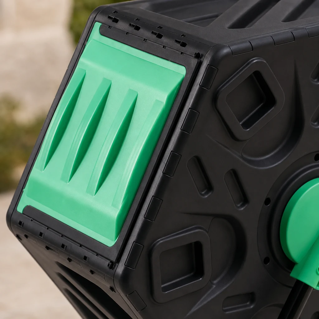 Green compost drum access panel and molded edge detail