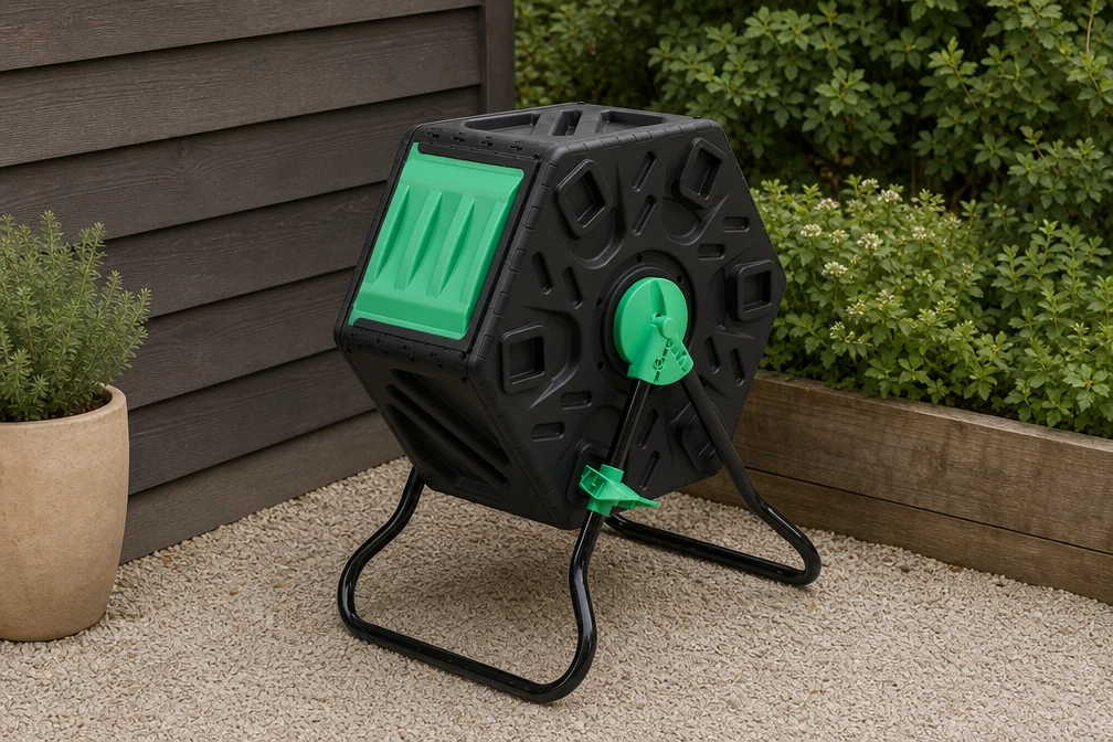 Single-drum compost tumbler beside a garden shed