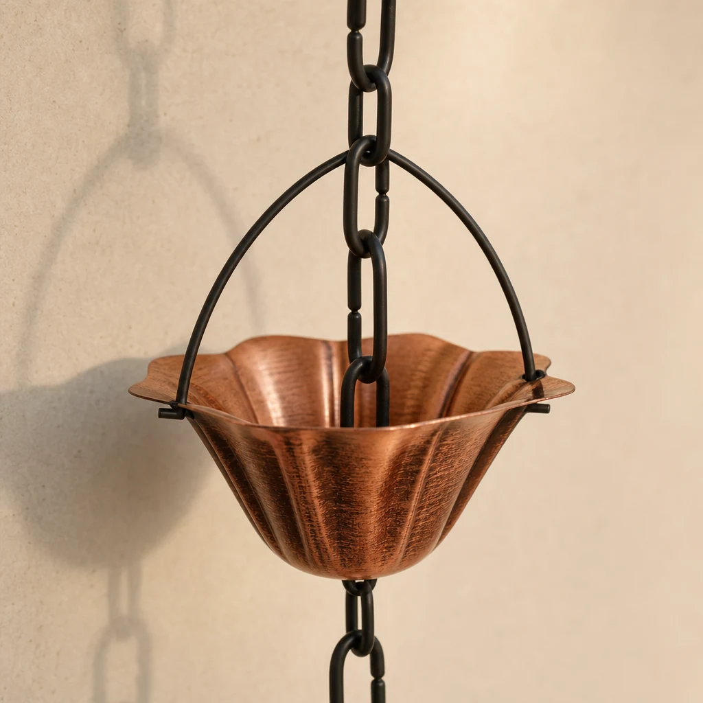 Fluted copper-tone cup and dark chain links in close detail