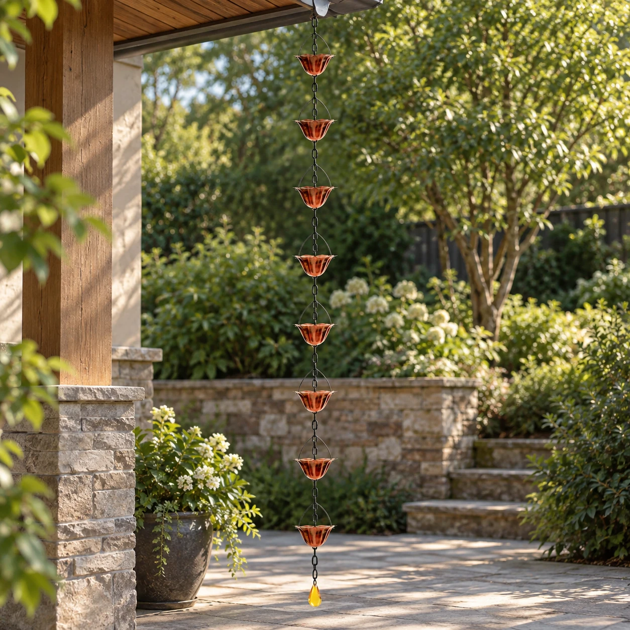 Eight-cup copper-tone rain chain secured beneath a garden eave