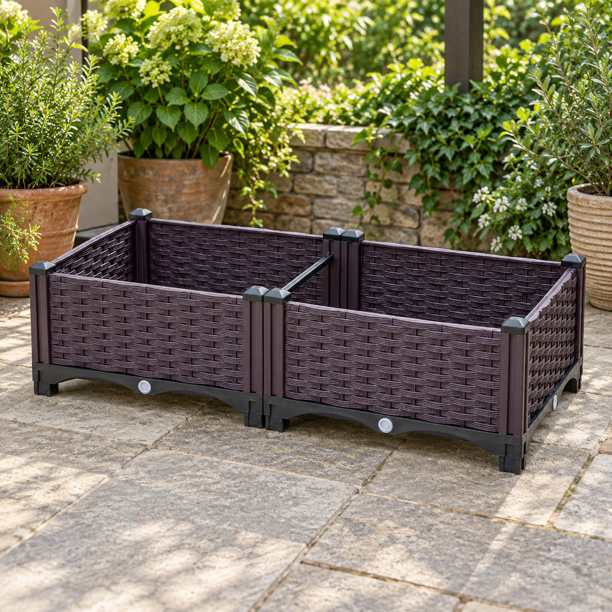 Empty brown two-bay terrace planter in a real courtyard garden