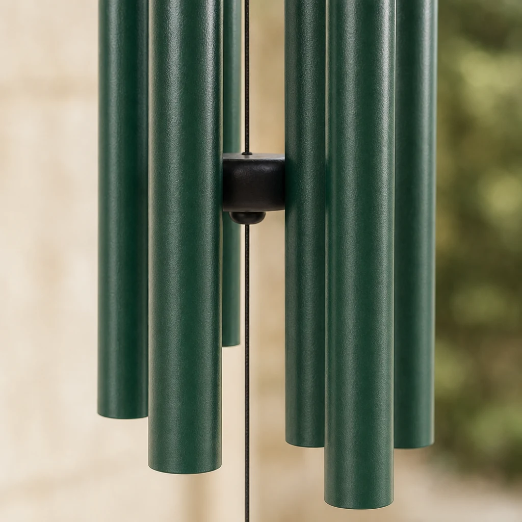 Green wind chime tubes and central striker in close detail
