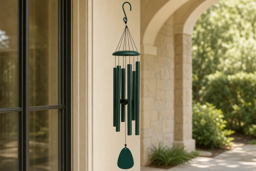 Forest green wind chime beside a covered terrace window
