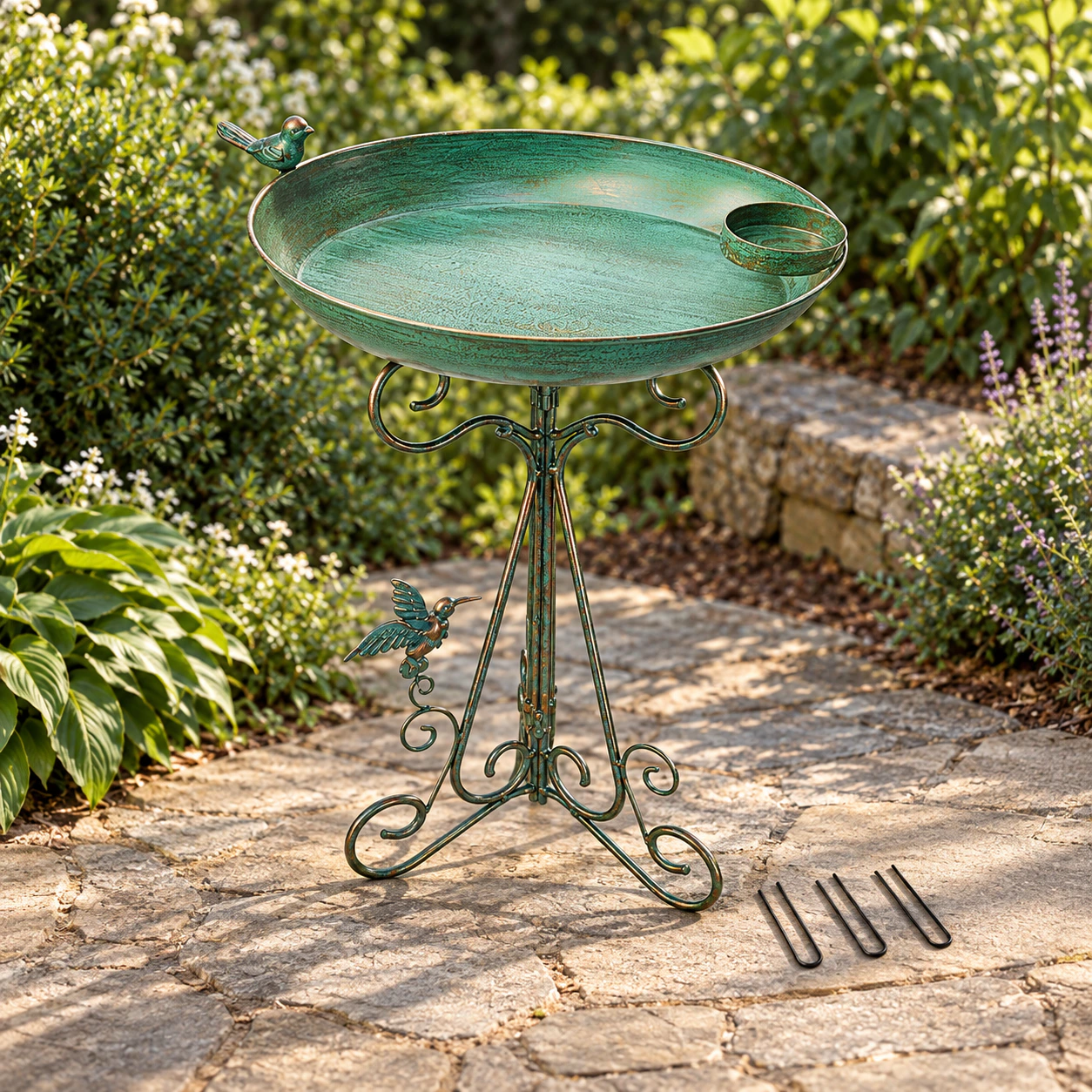 Green-bronze bird bath with three ground pins on a real garden path