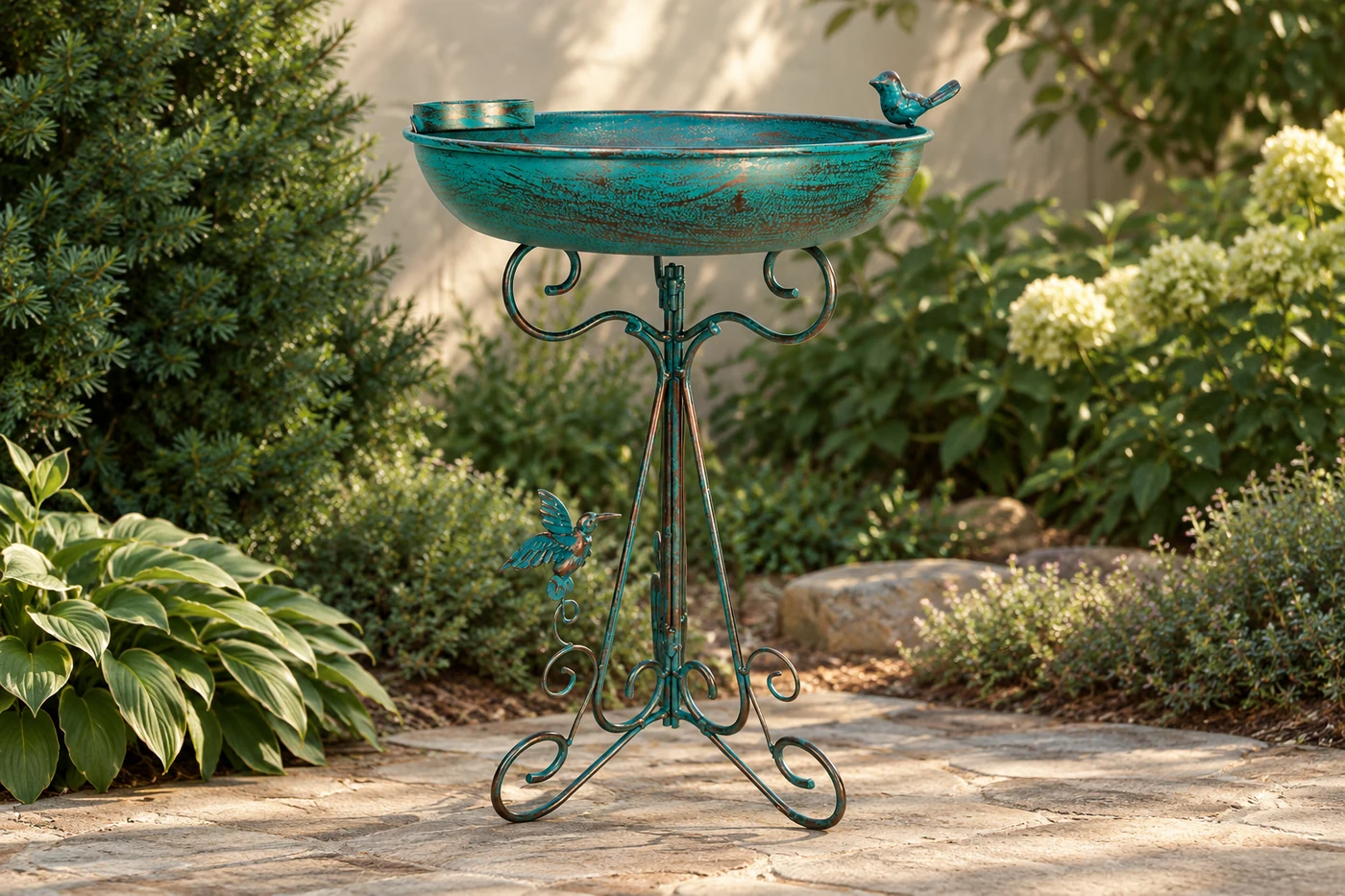 Green-bronze bird bath on a garden path