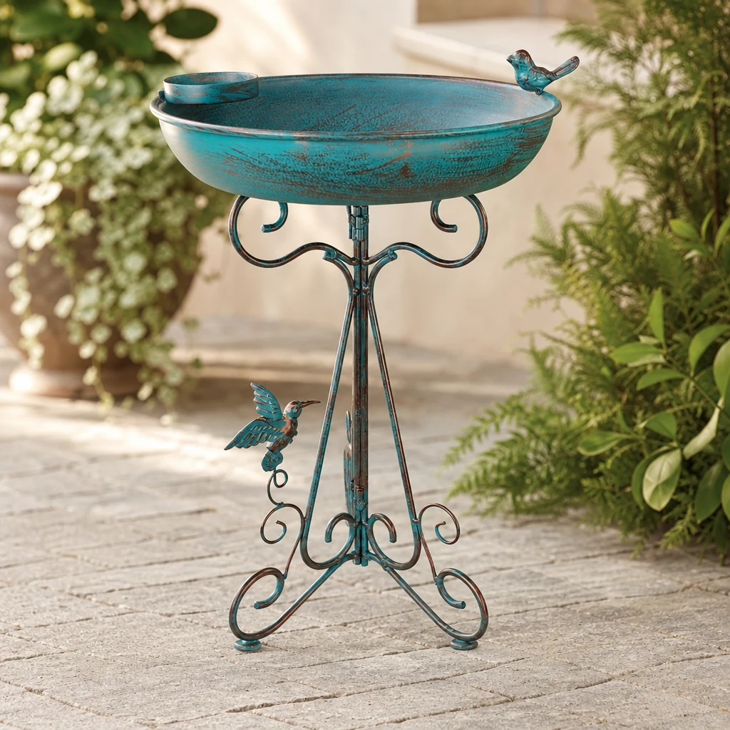 Green-bronze bird bath from the front