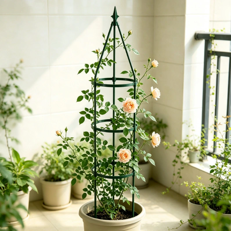 Green three-ring trellis with a climbing rose; plant and pot are not included