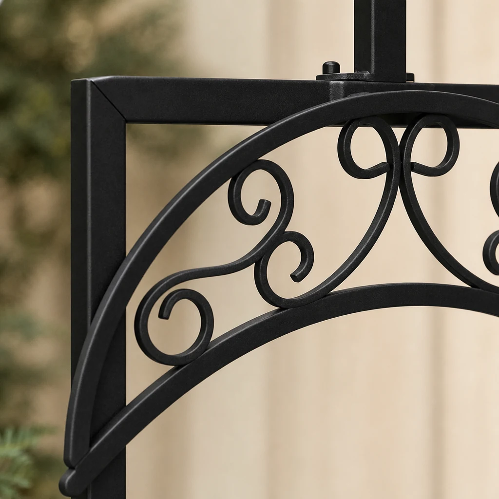 Black hose cradle scrollwork in close detail