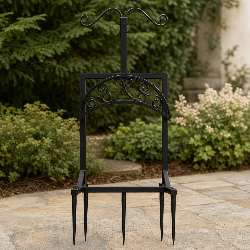Black scroll hose stand viewed from the front
