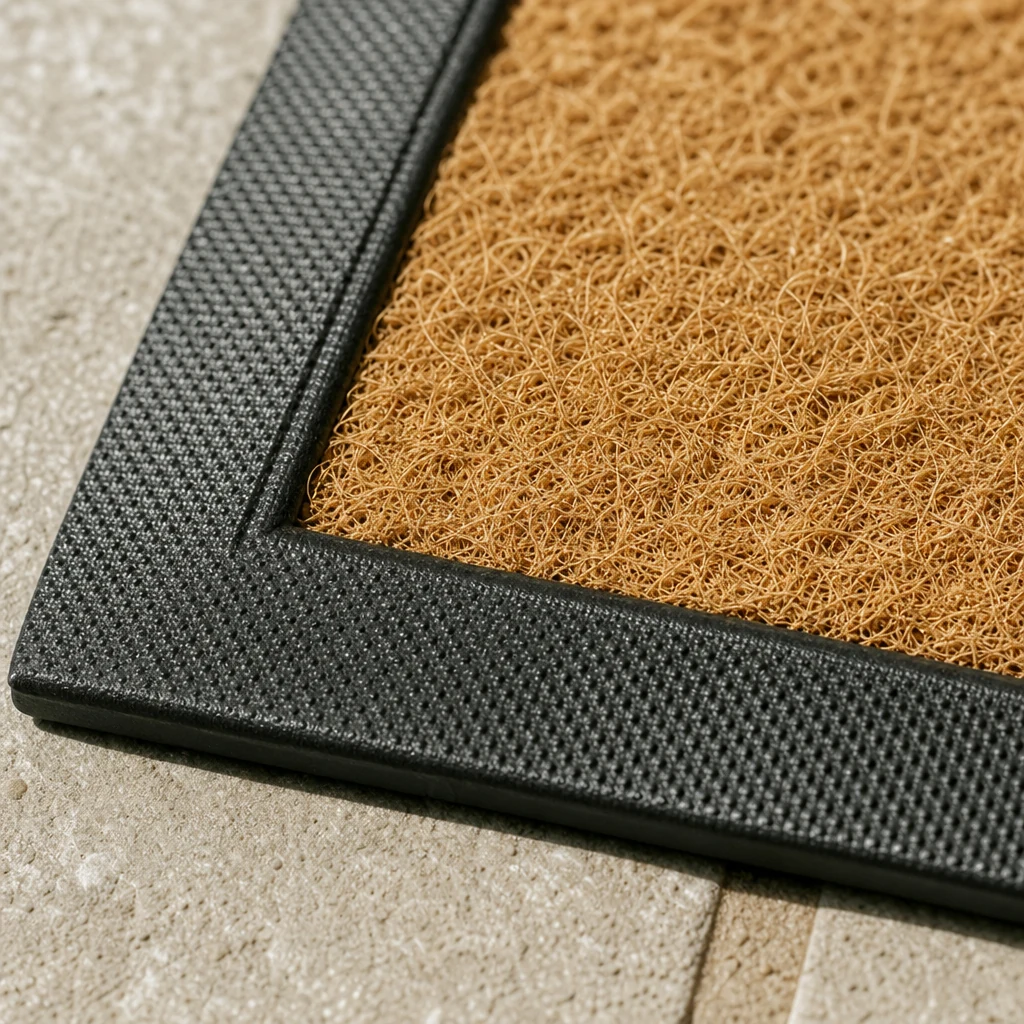 Faux coir mat fibers and black border in close detail