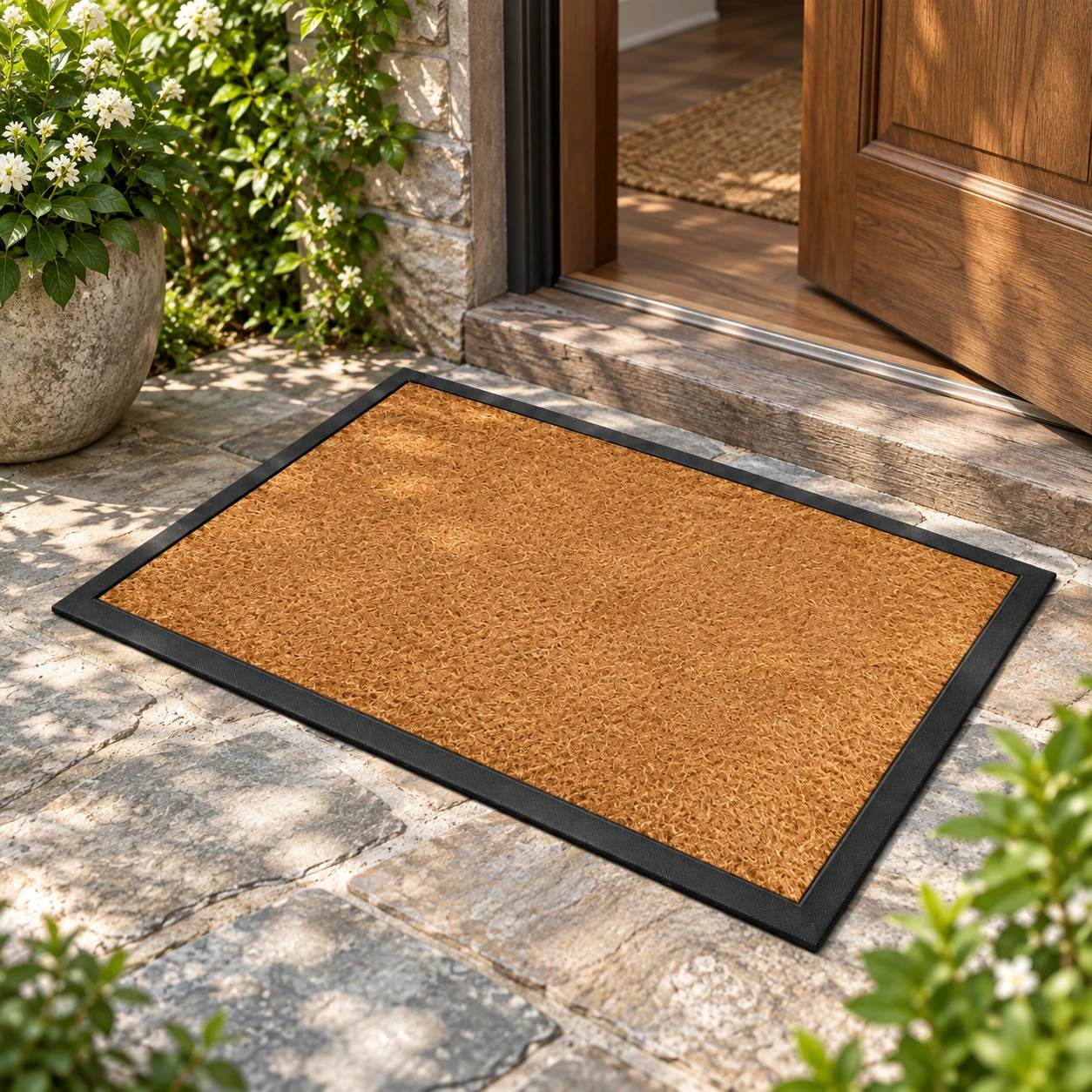 Plain bordered 60 × 90 cm faux coir door mat at a stone garden entrance