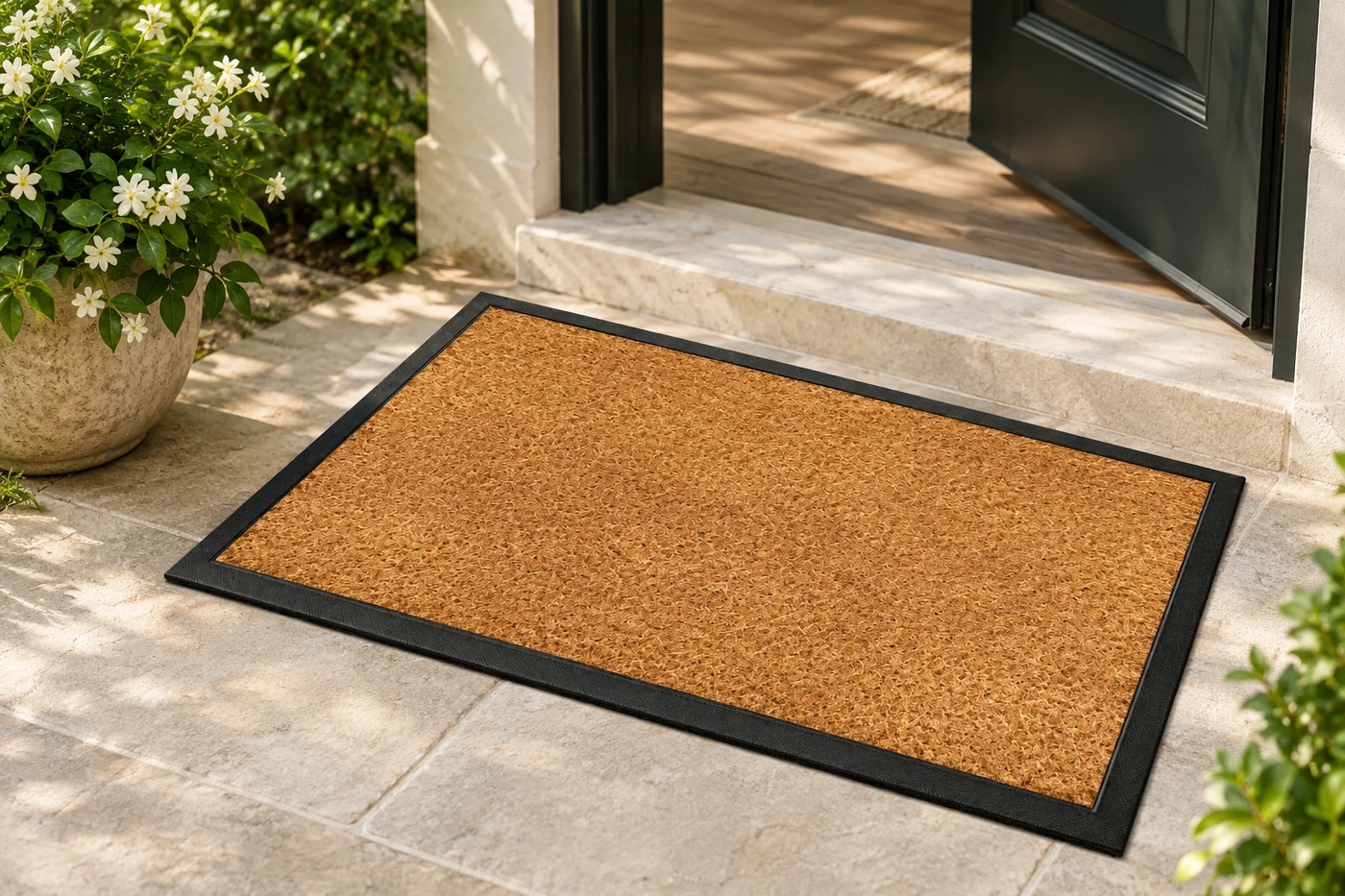 Plain bordered mat at a garden doorway